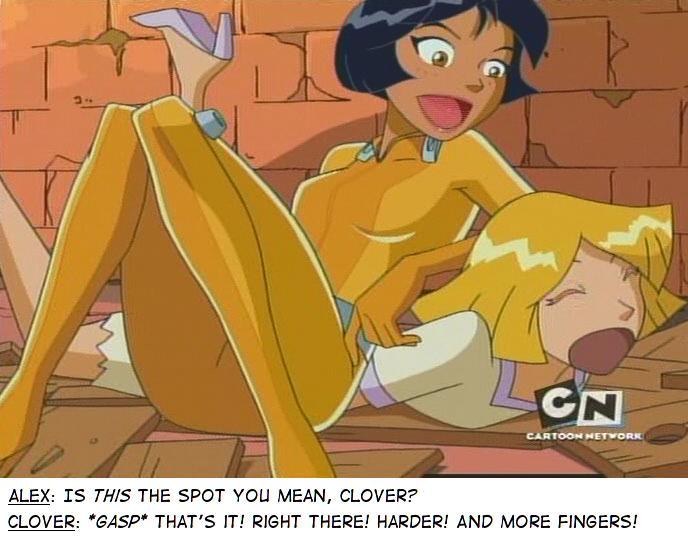 2girls alex_(totally_spies) black_hair bodysuit closed_eyes clover_(totally_spies) hair high_heels lipstick multiple_girls open_mouth screenshot totally_spies