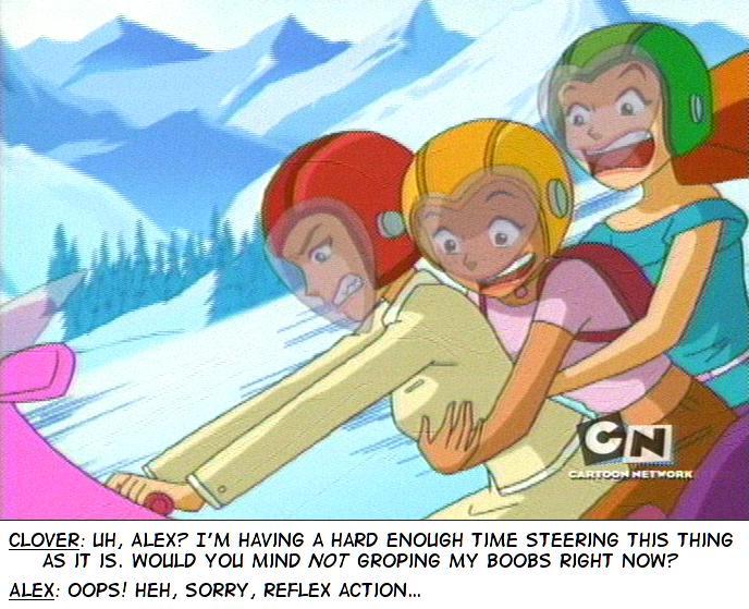alex_(totally_spies) backpack breast_grab clenched_teeth clover_(totally_spies) hand_on_breast helmet lipstick open_mouth sam_(totally_spies) scream screenshot snow totally_spies