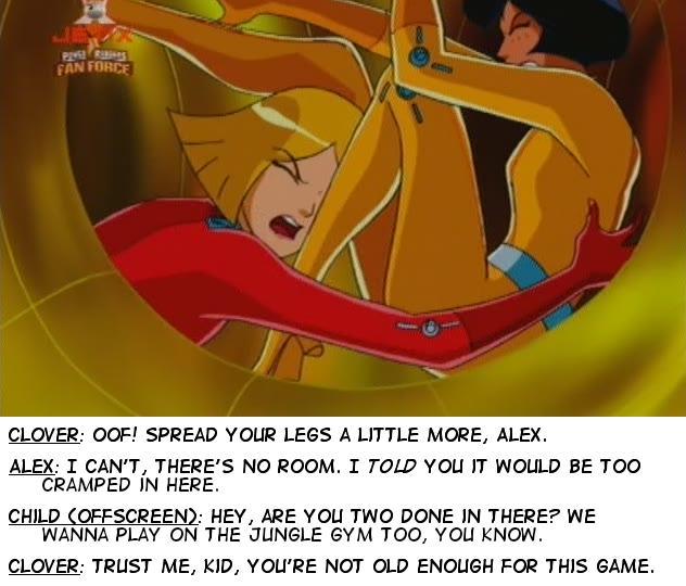 alex_(totally_spies) bodysuit closed_eyes clover_(totally_spies) open_mouth red_bodysuit screenshot totally_spies yellow_bodysuit