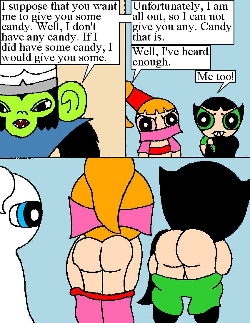 3girls ass black_hair blonde_hair blossom_(ppg) blue_eyes bob_cut bubbles_(ppg) buttercup_(ppg) cartoon_network comic flashing_ass green_eyes mojo_jojo mooning multiple_girls pelless powerpuff_girls red_eyes red_hair siblings sisters tied_hair twintails