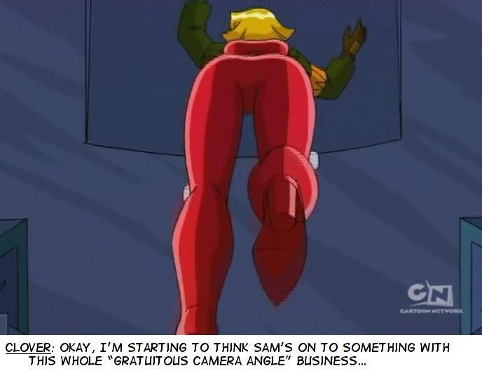 backpack blonde_hair bodysuit clover_(totally_spies) gloves high_heels red_bodysuit screenshot totally_spies view_from_behind