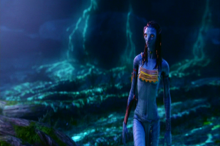 1_alien 1_female 1_girl alien avatar avatar_(movie) bioluminescence black_hair breasts female female_alien female_na'vi forest front_view glowing hair james_cameron's_avatar long_hair na'vi navel night small_breasts solo standing walking yellow_eyes