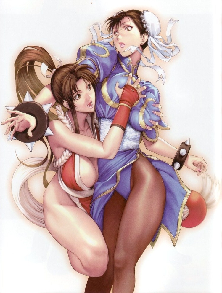 2_girls big_breasts breast_grab breasts capcom chun-li from_behind homare_(fool's_art) king_of_fighters lipstick mai_shiranui multiple_girls ponytail snk stockings street_fighter surprise yo_dou