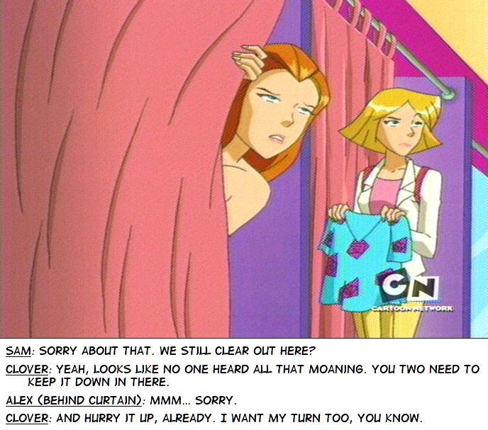 alex_(totally_spies) blonde_hair character_name curtain dressing_room lipstick red_hair sam_(totally_spies) screenshot text totally_spies