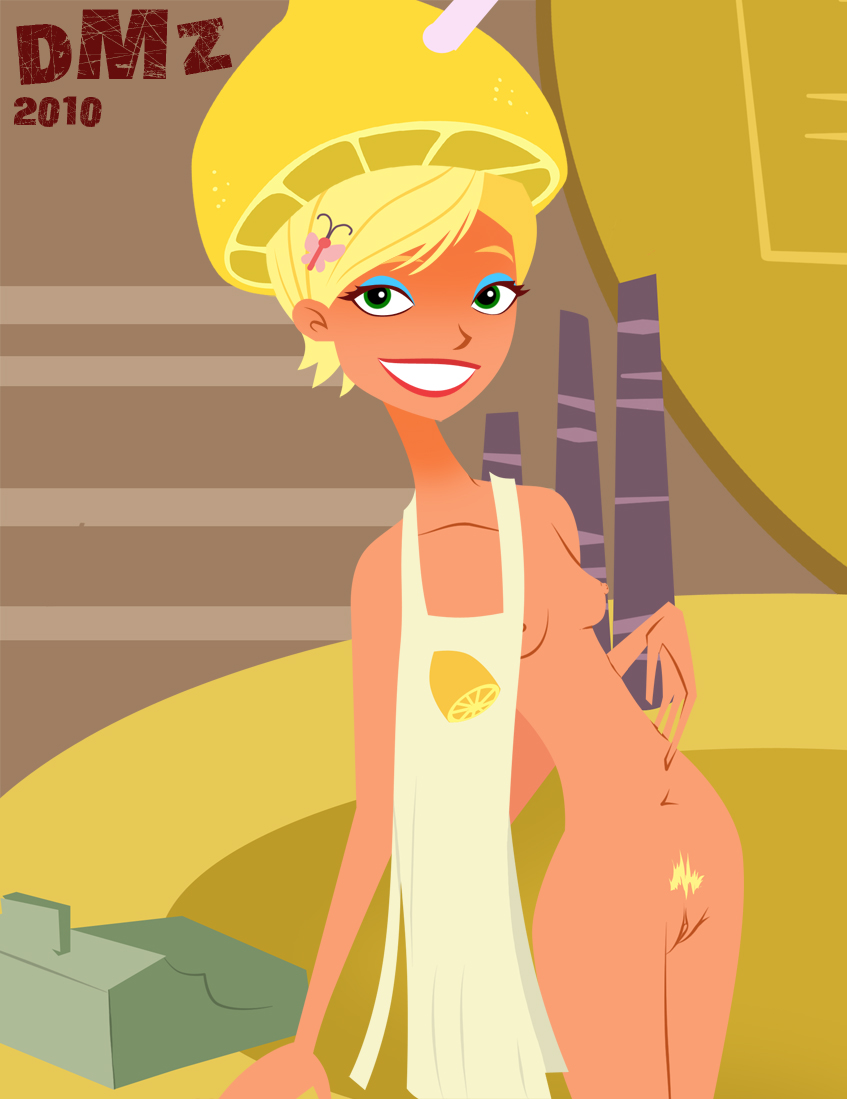 6teen apron blonde_hair blonde_pubes breasts caitlin_cooke dmz dmz_(artist) erect_nipples eyeshadow green_eyes lemon nipples nude pubic_hair pussy small_breasts uncensored