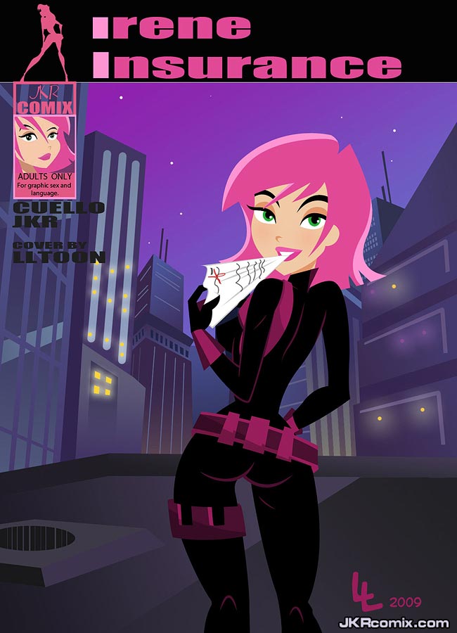 2009 bodysuit comic comic_cover cover_page erin_esurance esurance green_eyes irene_insurance_(comic) jkrcomix levelord lipstick lltoon looking_at_viewer looking_back pink_hair