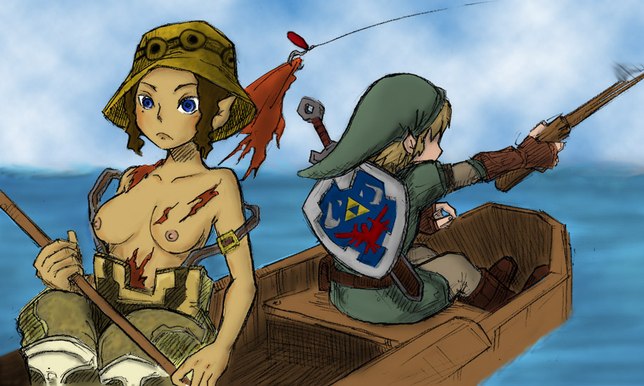 1boy blonde_hair blue_eyes boat breasts colored eggycomics embarrassed fishing fishing_rod hat hena link nintendo nipples pointy_ears shield stripped_by_other sword the_legend_of_zelda torn_clothes twilight_princess wardrobe_malfunction water weapon