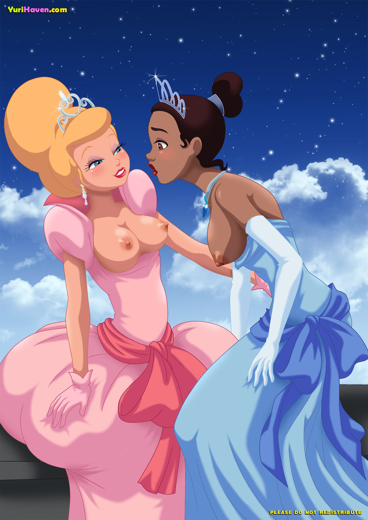 2_girls breasts charlotte_la_bouff clothed dark-skinned_female disney dress earrings exposed_breasts female_only gloves interracial light-skinned_female princess_tiana the_princess_and_the_frog yuri yuri_haven