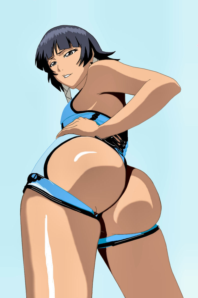 1girl armpit ass big_ass black_eyes black_hair bleach blue_background blue_hair breast from_below grin lips looking_back panties short_hair simple_background soifon solo source_request ssjdubby sui-feng tan thong twintails underwear view_from_below