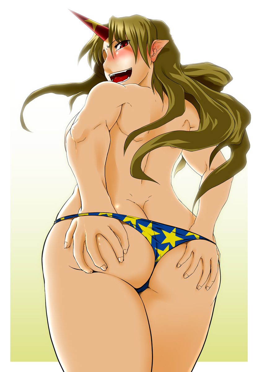 1girl ass ass_crack ass_grab blonde_hair blush bottomless breasts fang female genb hands_on_ass highres horn horns hoshiguma_yuugi looking_back oni open_mouth panties panties_only pointy_ears print_panties printed_panties red_eyes sideboob solo thong topless touhou underwear underwear_only view_from_behind wedgie yuugi_hoshiguma