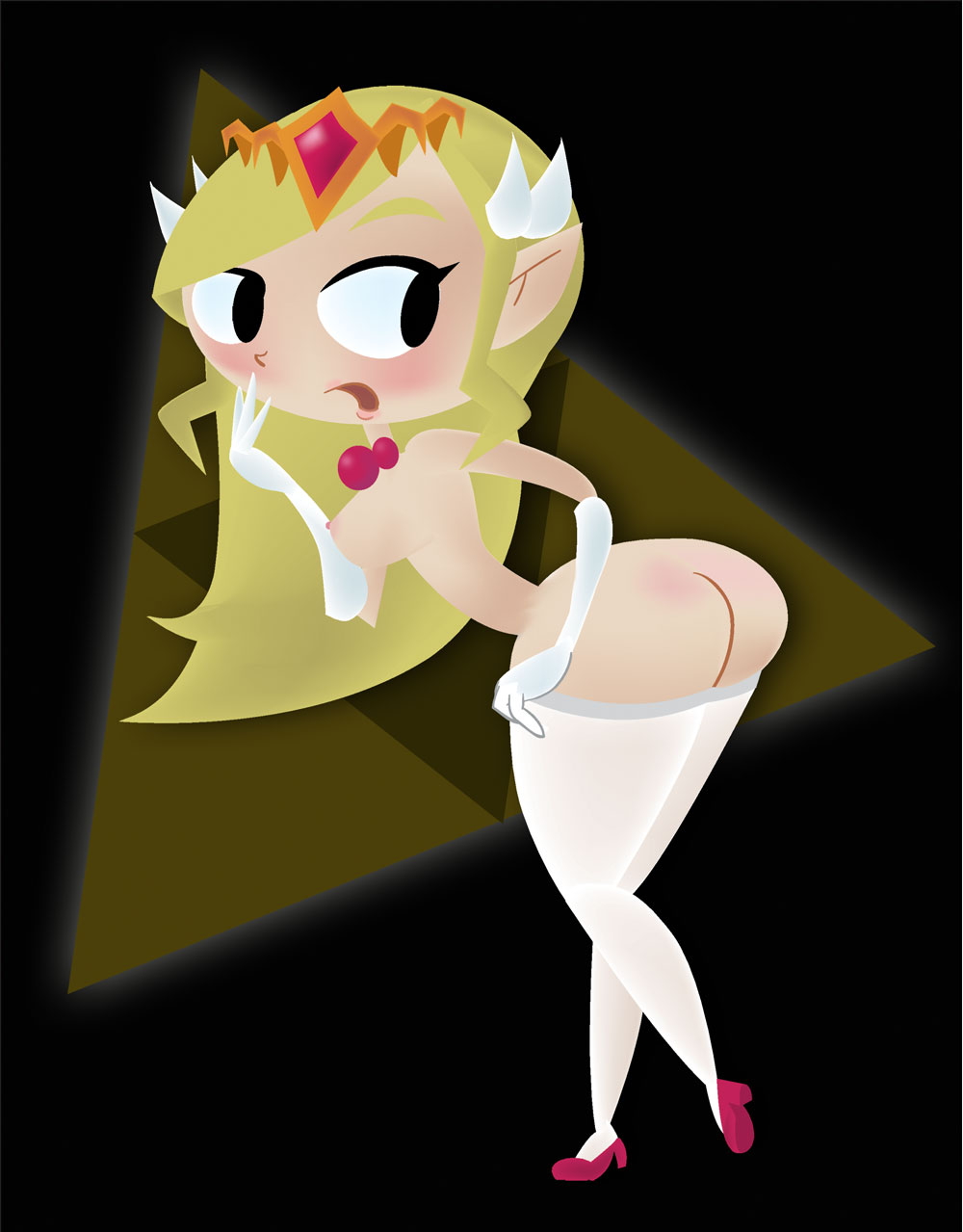 ass blush bottomless leaning_forward monkeycheese nintendo nipple nude pointed_ears princess_zelda stockings the_legend_of_zelda the_wind_waker topless