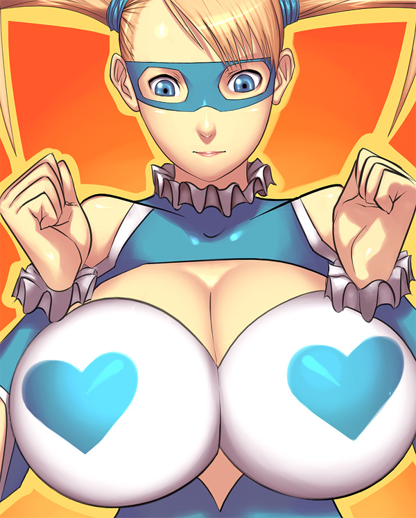 1girl bare_shoulders blonde_hair blue_eyes breast_squeeze breasts capcom cleavage cleavage_cutout heart huge_breasts leotard long_hair mask rainbow_mika sawao scrunchie solo street_fighter street_fighter_zero street_fighter_zero_3 street_fighter_zero_iii twintails wrestling_outfit