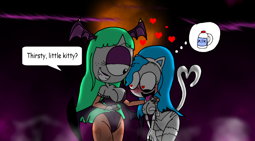 2_girls 2girls big_breasts blue_hair blush breasts burtonberg capcom cleavage cosplay cyclops darkstalkers dialogue eyeshadow felicia felicia_(cosplay) felicia_(darkstalkers) female female_only freckles funny green_hair grey_skin grimella_reaper_(montatora-501) halloween heart heart-shaped_pupils hips looking_at_another milk monster monster_girl montatora-501 morrigan_aensland morrigan_aensland_(cosplay) omegusmaximus one_eye open_mouth purple_eyeshadow simone_pazookie_(montatora-501) skeleton smile speech thought_bubble tongue tongue_out wide_hips