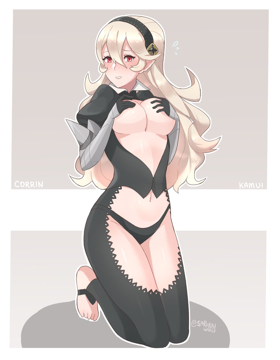 10s 1girl 2018 alluring artist_name barefoot big_breasts blush breasts character_name clenched_teeth corrin_(fire_emblem) corrin_(fire_emblem)_(female) covering covering_breasts feet fire_emblem fire_emblem_fates flying_sweatdrops hair_ornament hairhand kneel long_hair looking_at_viewer nintendo red_eyes sarukaiwolf shiny shiny_hair shiny_skin silver_hair sweatdrop teeth thighs wavy_hair