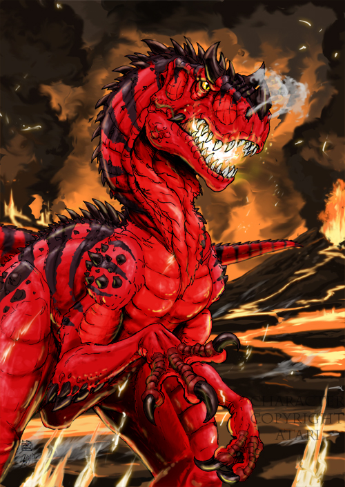 claws diablo_(primal_rage) dinosaur fire primal_rage red_skin reptile scalie sharp_teeth solo t-rex yellow_eyes