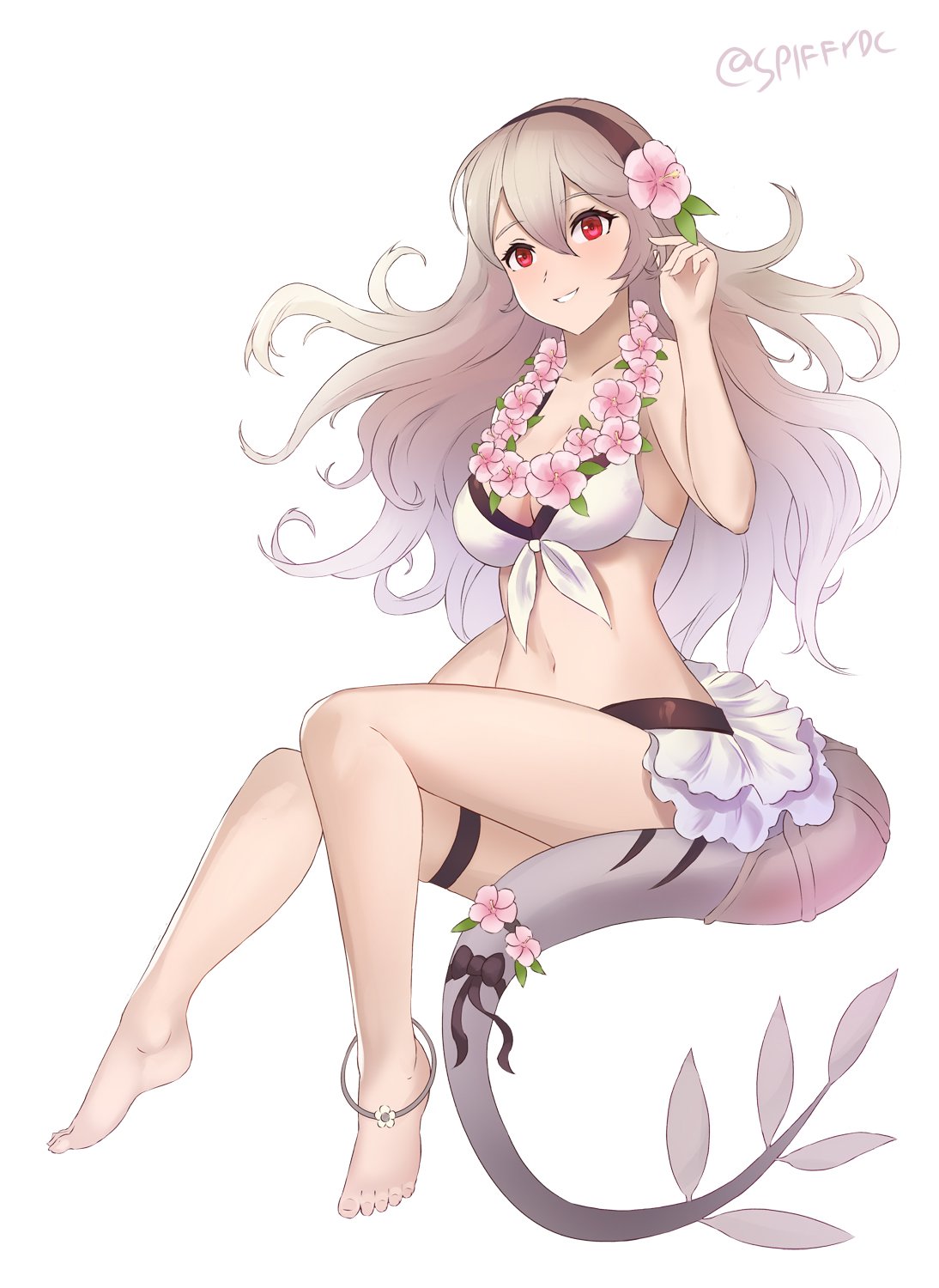 1girl 1girl alluring anklet bikini black_hairband breasts cleavage corrin_(fire_emblem) corrin_(fire_emblem)_(female) dragon_tail fire_emblem fire_emblem_fates fire_emblem_heroes flower full_body hair_flower hair_ornament hairband high_res jewelry long_hair nintendo official_alternate_costume red_eyes simple_background spiffydc swimsuit tail thigh_strap twitter_username white_background white_hair wreath