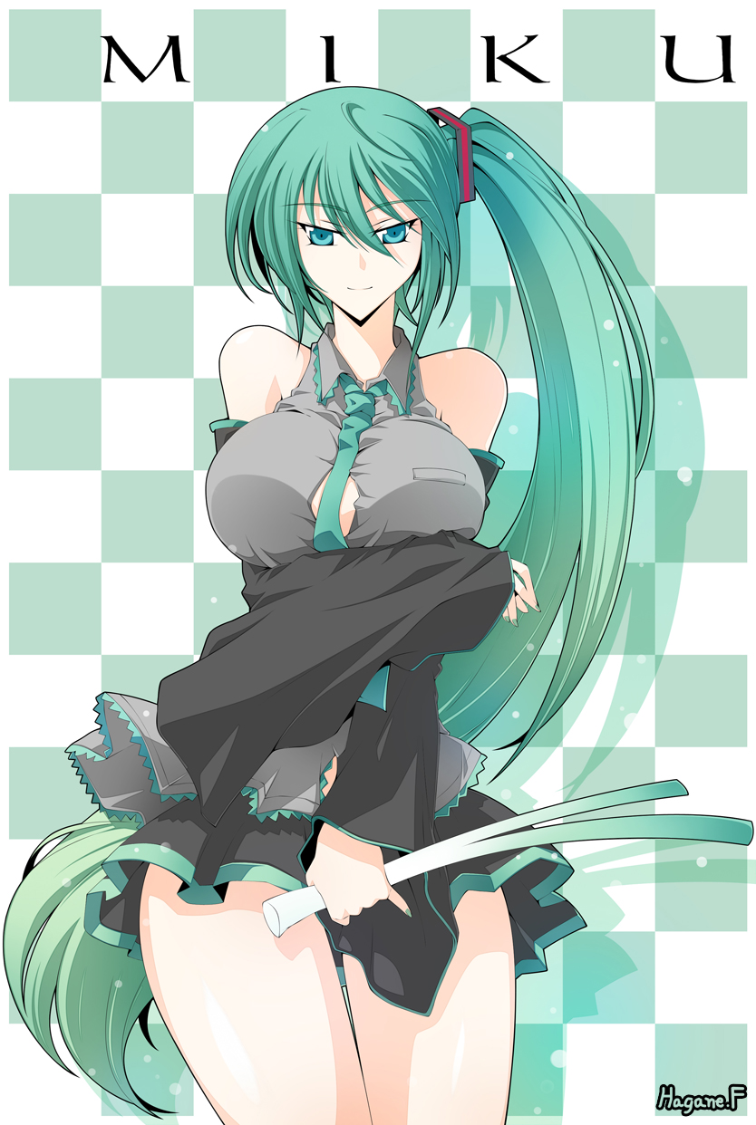 1girl aqua_eyes bare_shoulders breast_hold breasts female food green_hair haganef hatsune_miku high_res highres huge_breasts long_hair miku_hatsune miniskirt nail_polish neck_tie necktie short_skirt side_ponytail skirt skirt_set solo spring_onion standing thighs vocaloid