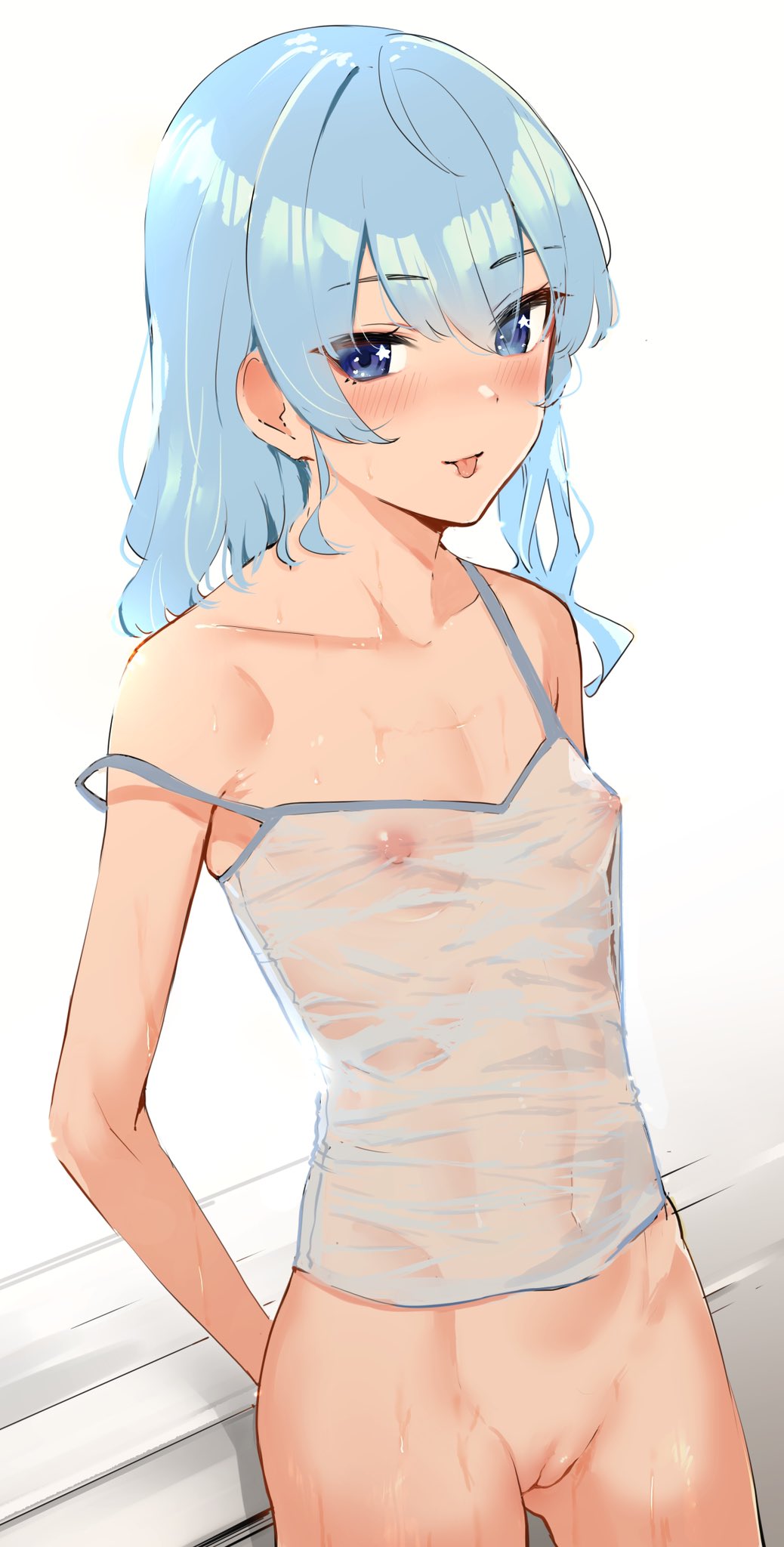 1girl arms_behind_back bangs blue_eyes blue_hair blue_panties blue_underwear blush bottomless breasts camisole clothing eyebrows_visible_through_hair hair_between_eyes hcz_n high_resolution hololive hoshimachi_suisei leaning_on_object lingerie long_hair looking_at_viewer medium_hair nipples no_bra nopan off_shoulder panties pussy see-through see-through_shirt shirt sidelocks small_breasts star_(symbol) star_in_eye strap_slip sweat symbol_in_eye tongue tongue_out transparent_clothes uncensored underwear virtual_youtuber wardrobe_malfunction wet wet_clothes wet_shirt white_camisole
