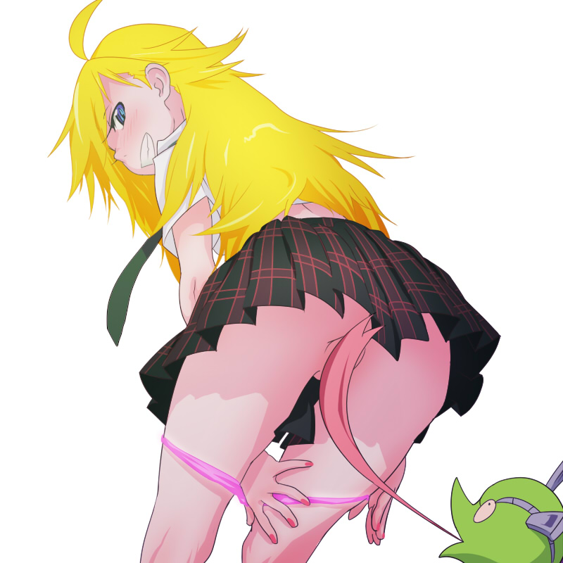 ass blonde_hair blue_eyes blush censored chuck_(psg) convenient_censoring grin kyoudyu long_tongue looking_back oral panties panties_around_legs panties_down panty_&amp;_stocking_with_garterbelt panty_(psg) panty_anarchy pussylicking simple_background skirt smile tongue underwear very_long_tongue white_background
