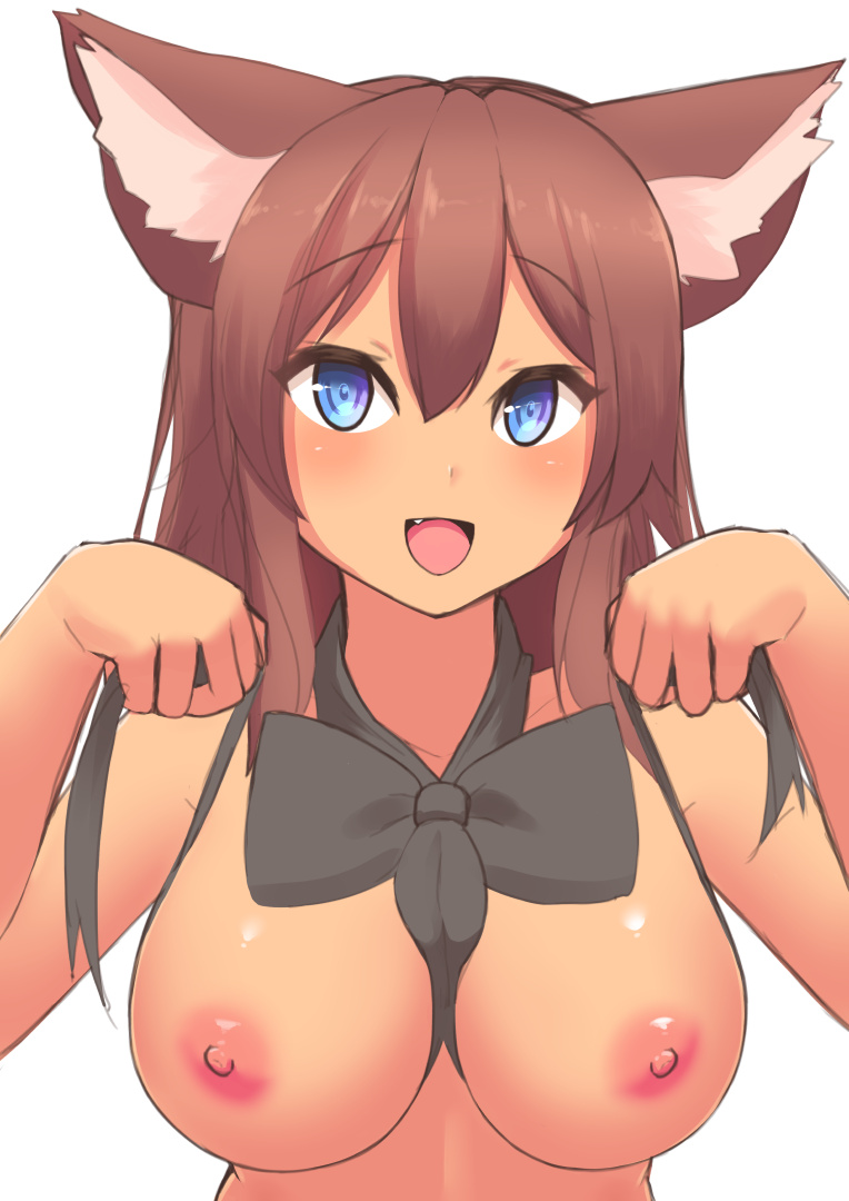 1girl :d animal_ears areola big_breasts black_bow blue_eyes blush bow breasts brown_hair dog_girl eyebrows_visible_through_hair fang female female_only female_solo hair_between_eyes inumimi kazukoto long_hair looking_at_viewer matsuko_(kazukoto) nipples nude open_mouth original smile solo white_background