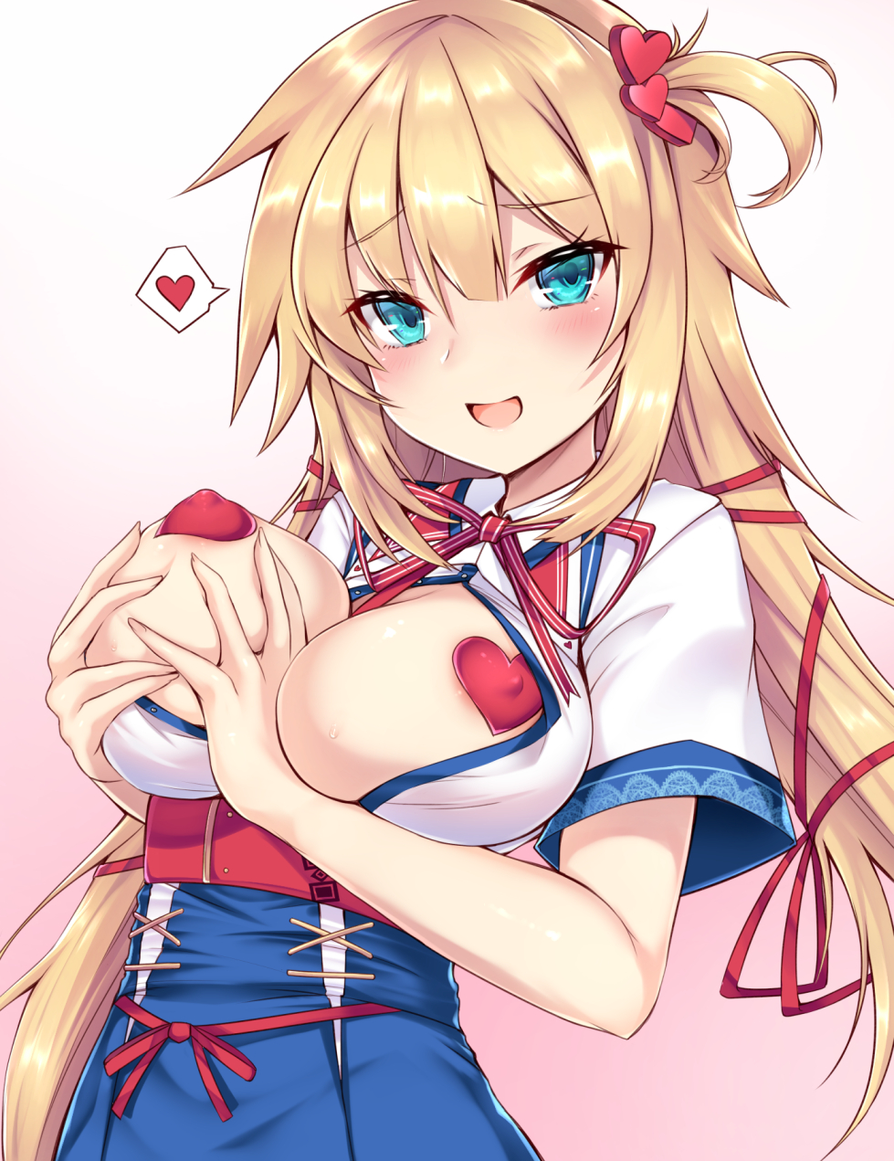 1girl akai_haato areola areola_slip bangs big_breasts blonde blue_eyes blue_skirt blush breast_lift breasts cowboy_shot eyebrows_visible_through_hair gradient gradient_background hair_between_eyes hair_ornament heart heart_hair_ornament heart_pasties high_resolution hololive long_hair looking_at_viewer no_bra one_side_up open_clothes open_mouth open_shirt pasties pink_background red_ribbon ribbon shimo_(depthbomb) short_sleeves simple_background skirt smile speech_bubble spoken_heart underbust very_long_hair virtual_youtuber
