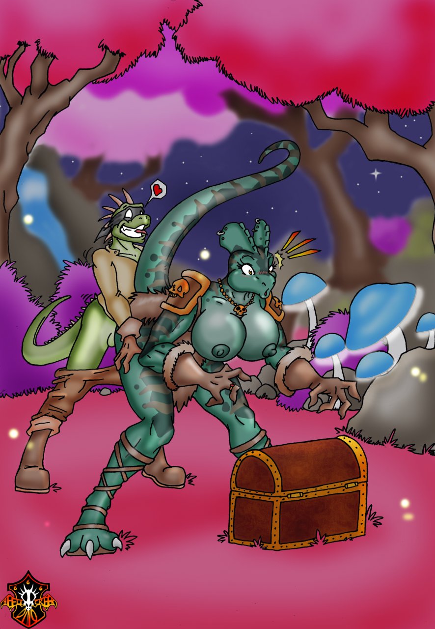 amber_eyes anthro big_breasts breasts dinosaur dylian_hailford female forest from_behind furry lordstevie lordstevie_(artist) male nipples original outside penetration scalie sex surprise testicles treasure_chest tree wood