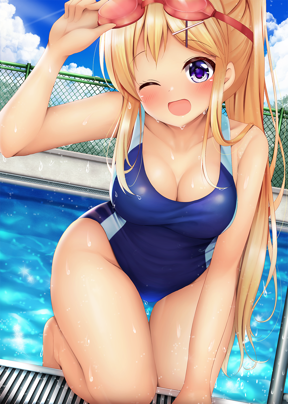 1girl ;d arm_support arm_up bangs bare_shoulders blonde_hair blue_sky blue_swimsuit blush breasts cleavage cloud competition_swimsuit fence groin hair_ornament hairclip kin-iro_mosaic kujou_karen long_hair one-piece_swimsuit one_eye_closed open_mouth outside pool purple_eyes sidelocks sky smile swimsuit thigh_gap thighs very_long_hair water wet