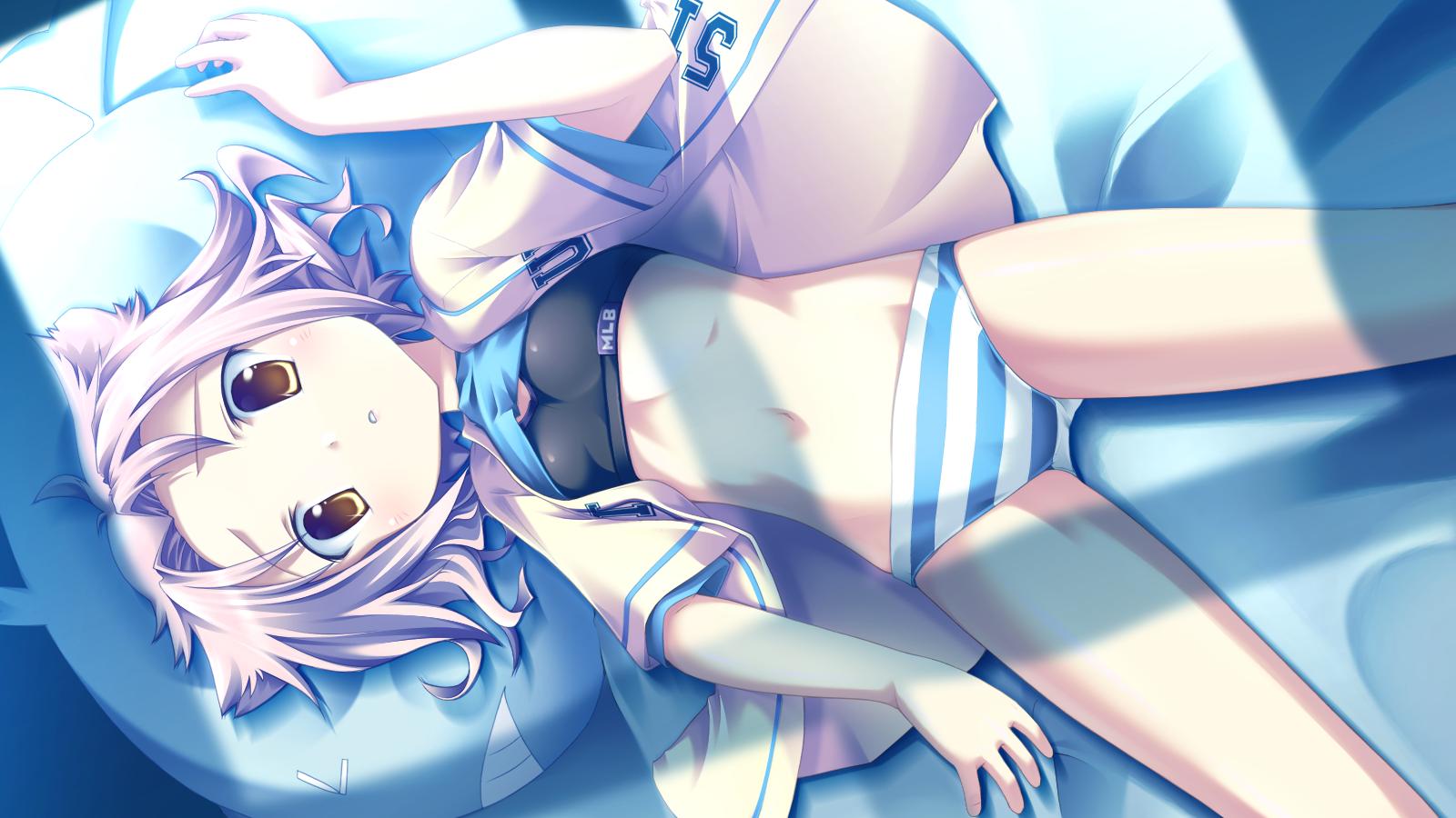 16:9 1girl baseball bed fue fue_(tsuzuku) highres lingerie open_clothes open_shirt panties rococoworks shirt solo sports_bra striped striped_panties underwear volume7 wallpaper