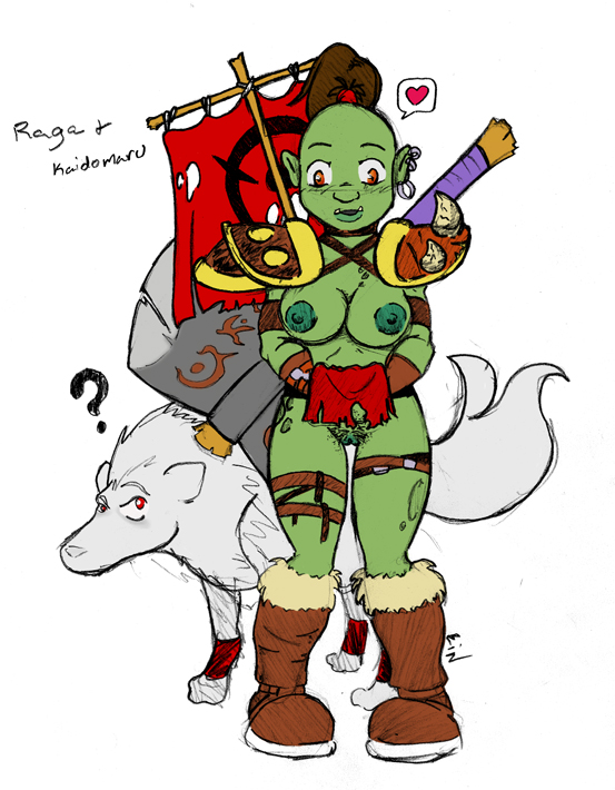 axe boots expose green_skin heart kaidomaru_(oc) loincloth nipples orc pussy pussy_hair raga_(oc) shoulder_pads showing_pussy skirt_lift world_of_warcraft