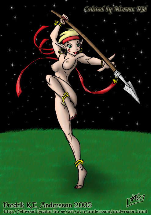 2006 blonde_hair breasts elf fredrik_k.t._andersson_(artist) lipstick nipples nude pointy_ears pubic_hair pussy red_lipstick short_hair smile solo spear weapon
