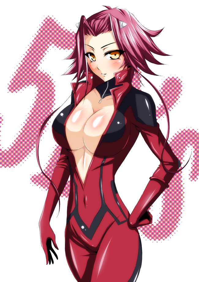 1girl bad_id biker_clothes bikesuit blush body_blush bodysuit breasts center_opening cleavage izayoi_aki large_breasts pizaya red_hair redhead s_tanly short_hair slender solo yellow_eyes yu-gi-oh! yu-gi-oh!_5d's yuu-gi-ou yuu-gi-ou_5d's