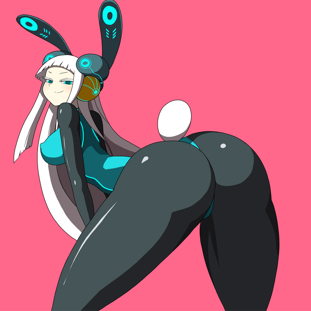 1girl albino animal_ears arched_back ass bangs bent_over big_ass blonde_hair blue_eyes blunt_bangs bodysuit bunny_ears bunny_girl bunny_tail bunnygirl electro_emilia erect_nipples from_behind huge_ass impossible_clothes impossible_clothing ken_(koala) latex long_hair looking_back neon_trim original pantyhose pink_background ringed_eyes simple_background skin_tight smile smug solo tail white_hair