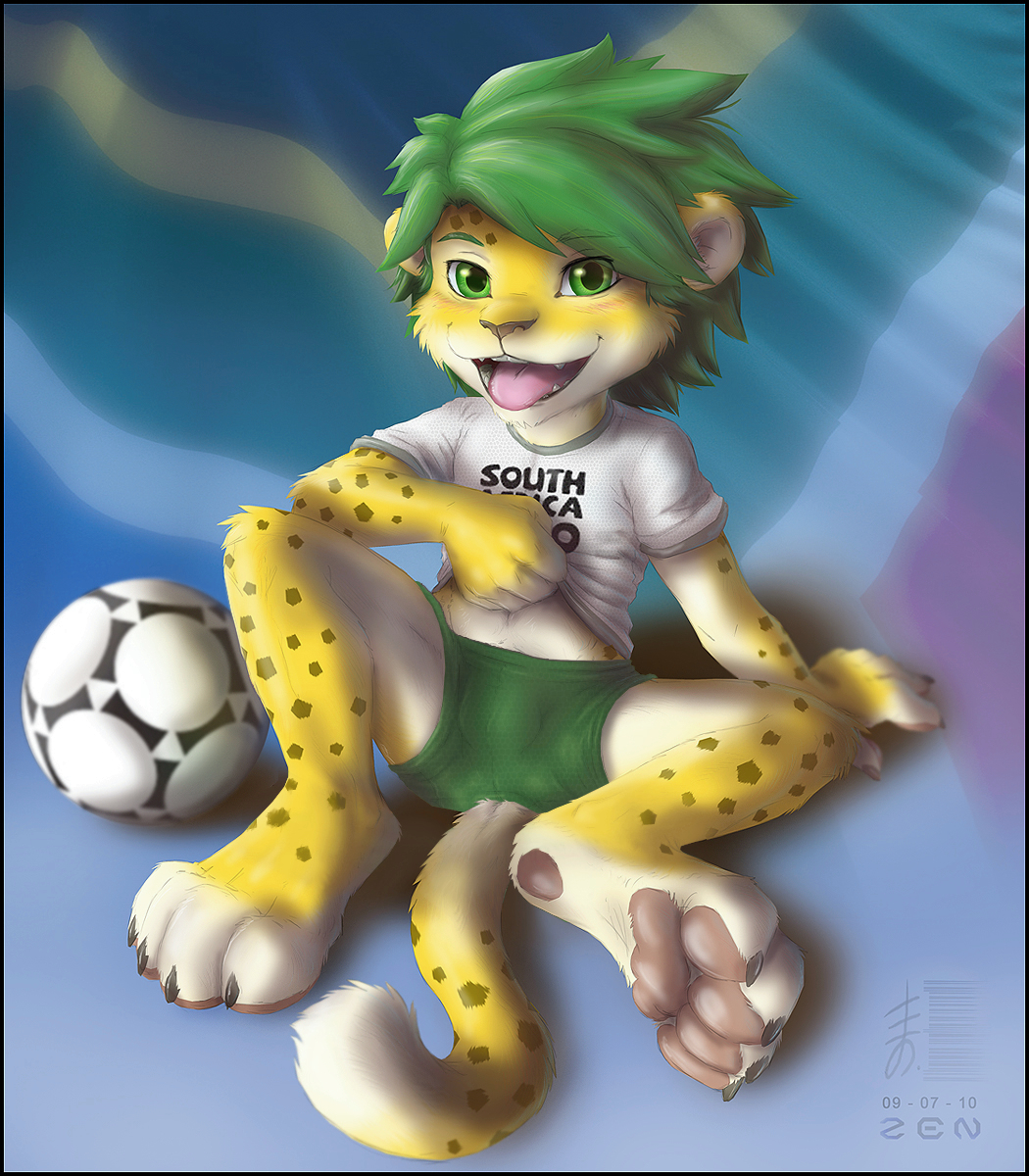 2010 blush cub feline football green_eyes green_hair hair leopard looking_at_viewer male male_only mascot navel open_mouth paws short_hair sitting soccer solo south_africa tail tongue undressing world_cup zakumi zen zen_(artist)