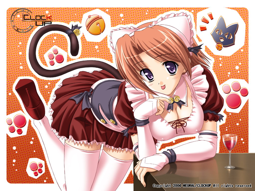 1girl :p animal_ears arm_support bell bell_collar breasts cat cat_ears cat_tail cleavage clockup collar cup elbow_gloves erect_nipples gloves hentai high_heels hoshino_kasumi purple_eyes ribbon shoes solo tail thighhighs tongue tongue_out waitress white_legwear white_thighhighs wine_glass zettai_ryouiki