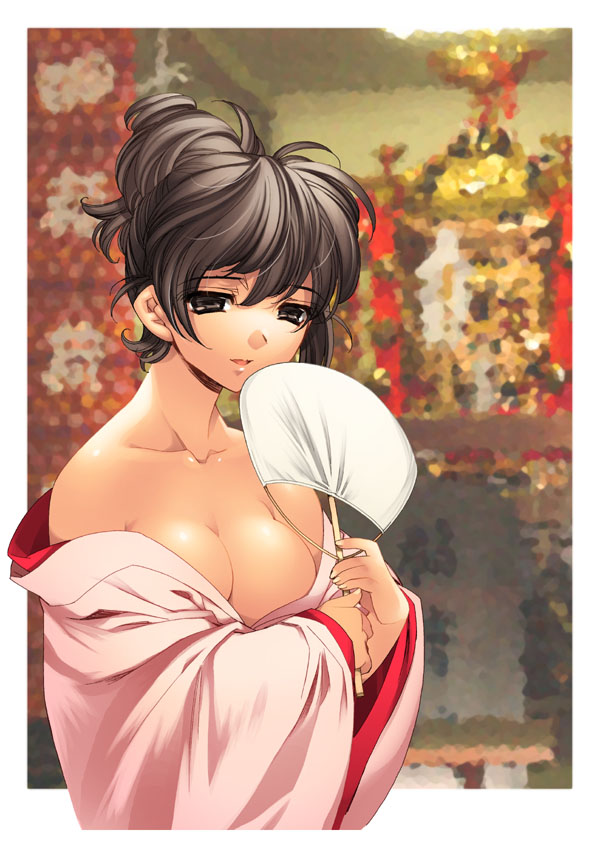1girl black_eyes black_hair breasts brown_eyes cleavage fan hentai japanese_clothes off_shoulder paper_fan photo_background smile solo uchiwa white_border