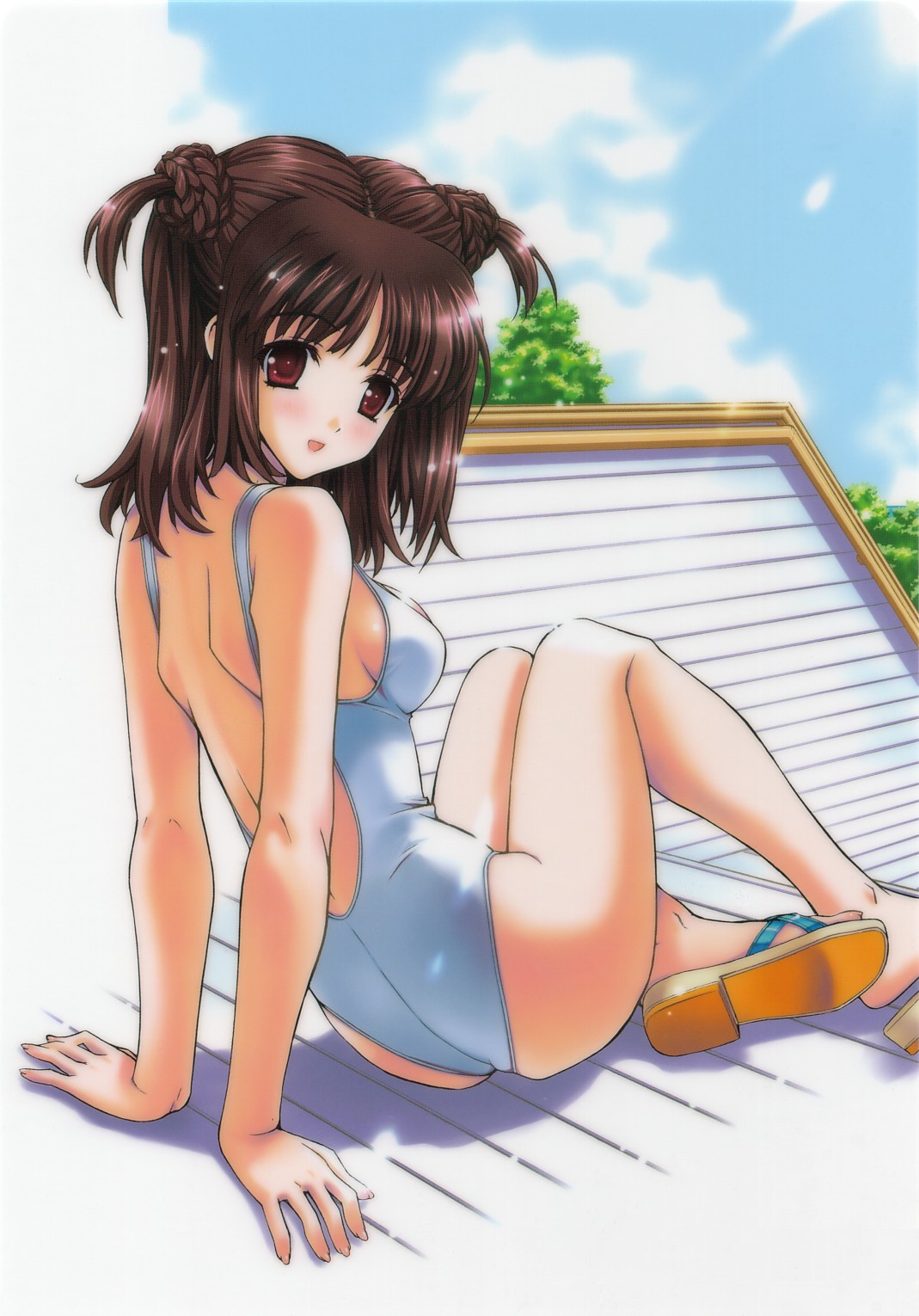 1girl arms_behind_back back blush breasts brown_hair casual_one-piece_swimsuit double_bun hasumi_eran hentai highres looking_back one-piece_swimsuit red_eyes rooftop sandals short_twintails sideboob sitting smile solo swimsuit twintails