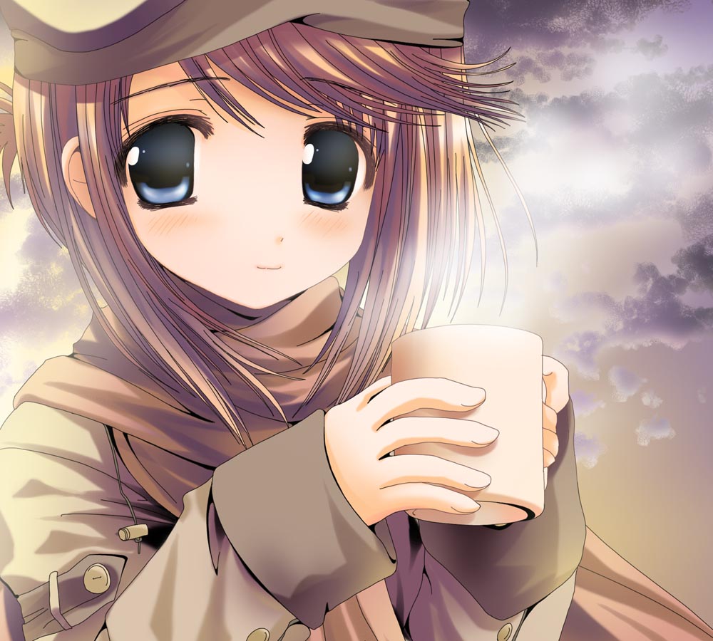 blush drink hat hentai komaki_manaka namamo_nanase scarf sky smile to_heart_2 tomoeda