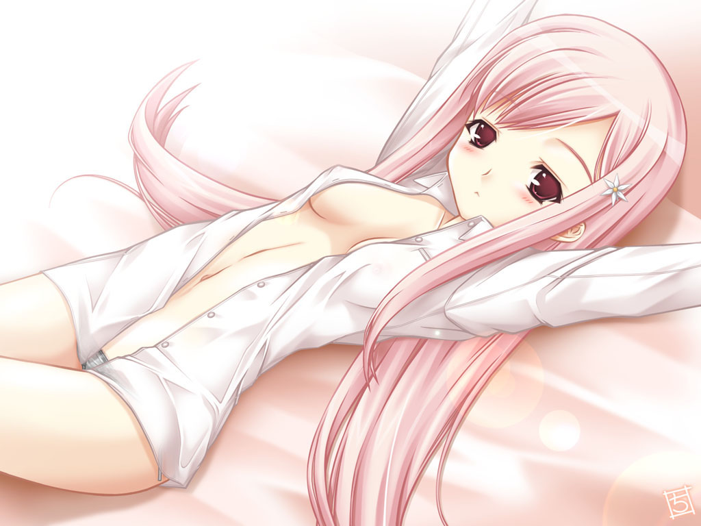1girl :&lt; arms_up bed blush breasts hair_ornament hairclip hentai legs_folded lens_flare long_hair lowleg lowleg_panties lucy_maria_misora lying no_bra on_back open_clothes open_shirt open_skirt panties pink_eyes pink_hair purple_hair see-through shirt skirt solo to_heart_2 transparent underwear very_long_hair wallpaper