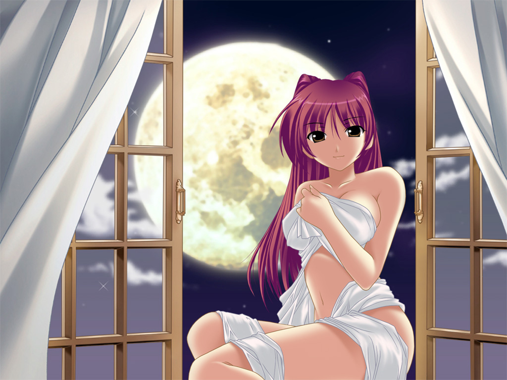 1girl bed_sheet breasts brown_eyes covering hentai kousaka_tamaki long_hair moon naked_sheet nude nude_cover red_hair sheets solo to_heart_2 wallpaper window