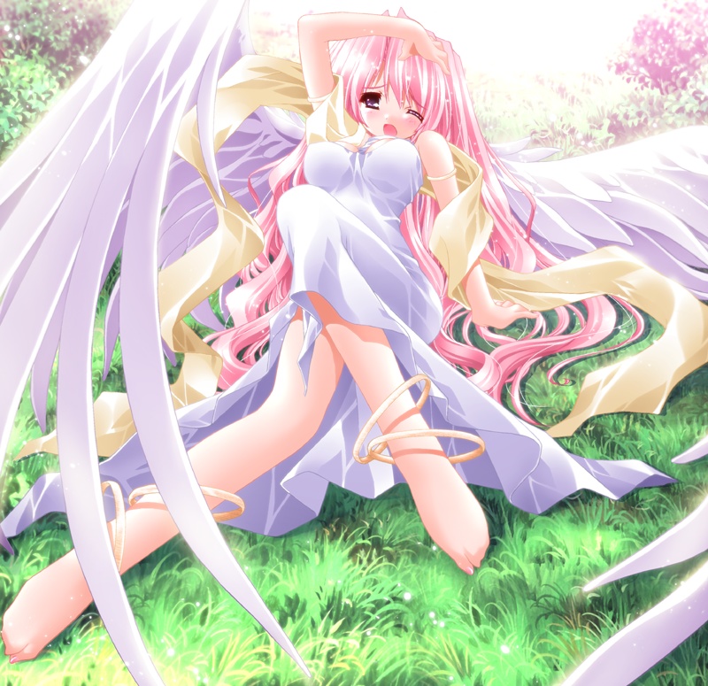 1girl angel_wings anklet bad_feet barefoot breasts feet grass hentai jewelry large_breasts legs long_hair ohno_tetsuya oono_tetsuya outdoors outside pink_hair please_teach_my_angel purple_eyes sitting solo very_long_hair wince wings