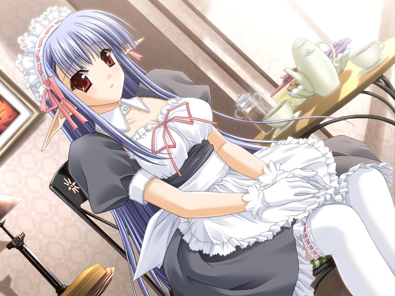 1girl apron bangs blue_hair blush breasts cg_request chair cleavage cookie cup detached_collar dress dutch_angle food frilled_apron frilled_legwear frills game_cg gloves hentai indoors long_hair looking_at_viewer maid maid_headdress navel_(company) nerine parted_lips pointy_ears pot puffy_short_sleeves puffy_sleeves red_eyes ribbon-trimmed_legwear ribbon_trim short_sleeves shuffle shuffle! sidelocks sitting solo source_request suzuhira_hiro table thighhighs very_long_hair white_gloves white_legwear