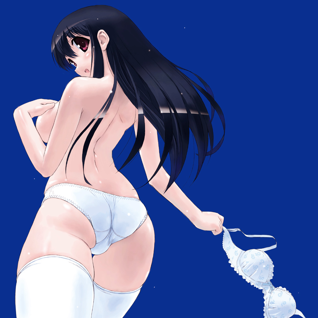 1girl :d ass back black_hair blue_background blush bow bow_bra bra breasts brown_eyes curvy from_behind hentai inu large_breasts lingerie long_hair looking_back naughty_face oouchi_takadou open_mouth panties pink_eyes print_bra red_eyes shiny shiny_hair sideboob simple_background smile solo standing thigh_gap thighhighs thighs topless trefoil underwear underwear_only white_bra white_panties