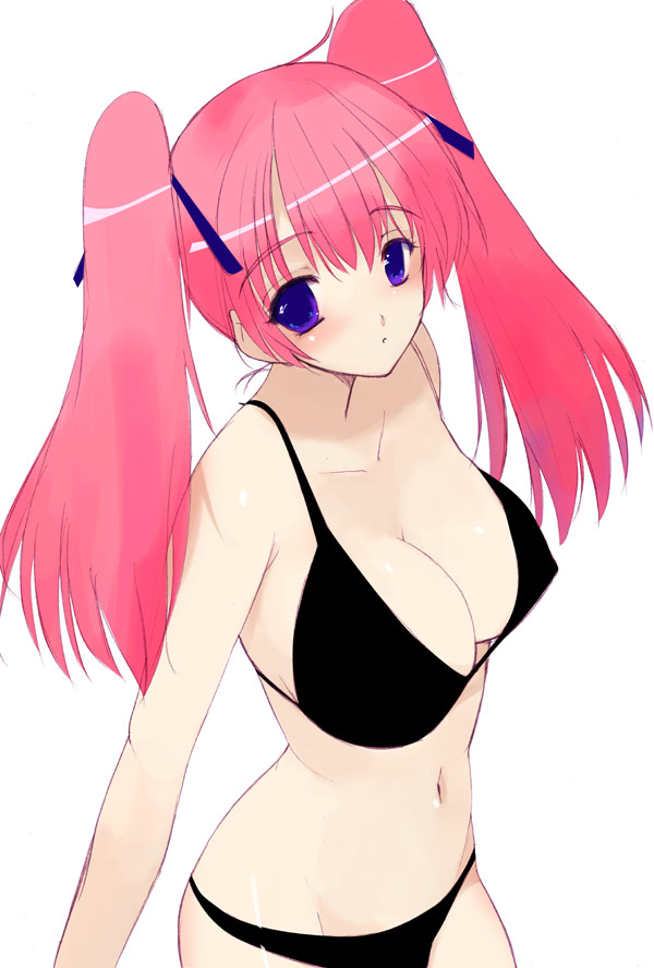 bikini breasts cleavage hentai kusaka kusaka_souji large_breasts pink_hair purple_eyes swimsuit twintails