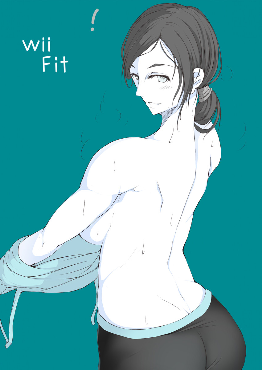 1girl looking_back nintendo sideboob topless undressing wii wii_fit wii_fit_trainer