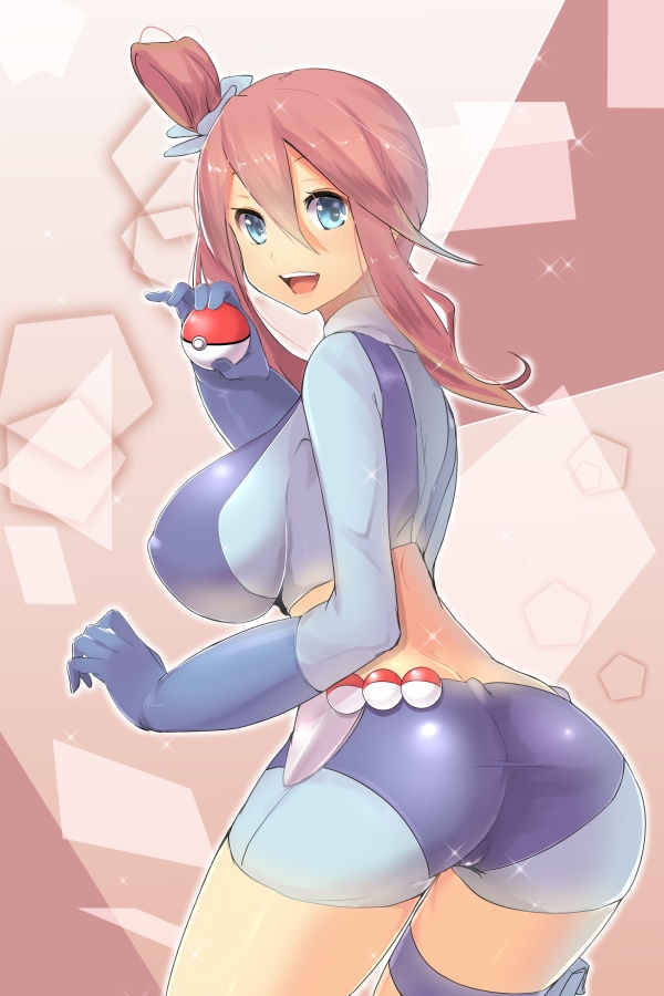 1girl arched_back ass bangs blue_eyes blue_gloves breasts fuuro_(pokemon) gloves hair_between_eyes holding_poke_ball large_breasts looking_at_viewer looking_back maroon_hair nipple_bulge open_mouth pokeball pokemon pokemon_bw presenting_hindquarters red_hair short_ponytail short_shorts shorts side_ponytail sideboob skyla smile teeth thighs