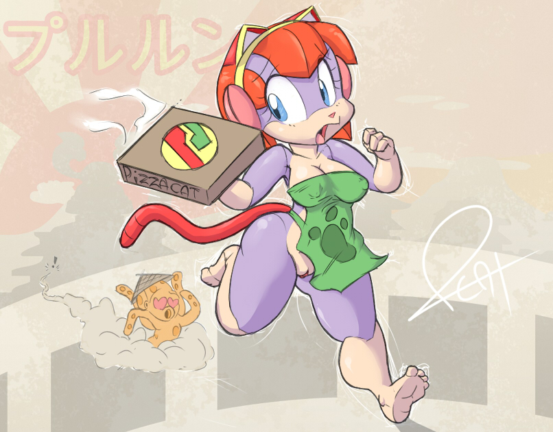 animal_ears apron barefoot blue_eyes breasts cat cleavage feet furry hair heart kyatto_ninden_teyandee naked_apron nipples nude orange_hair pizza pizzacat polly_esther pururun pussy redhead samurai_pizza_cats short_hair soles tail toes