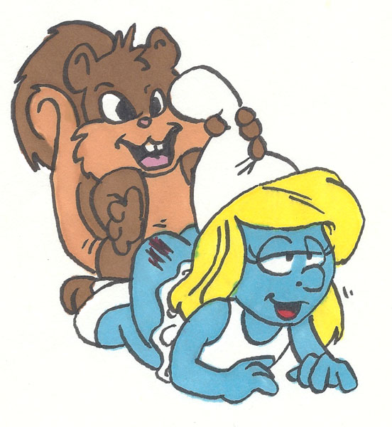 animaniacs ass beastiality crossover doggy_position from_behind kalahee_(artist) no_panties skippy_squirrel smurfette spank spanked the_smurfs uncensored vaginal