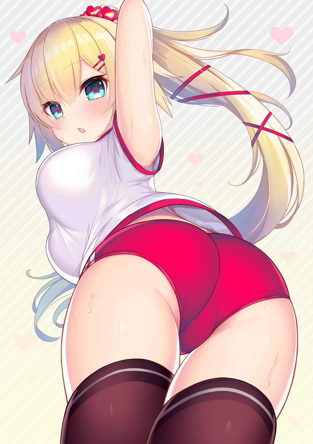 1girl 1girl :o akai_haato arms_up ass black_legwear blonde blue_eyes breasts buruma gym_uniform hair_ornament hairclip heart heart-shaped_pupils heart_hair_ornament high_resolution hololive long_hair looking_at_viewer ponytail ribbon stockings striped striped_background sweat symbol-shaped_pupils tied_hair virtual_youtuber yoshiheihe