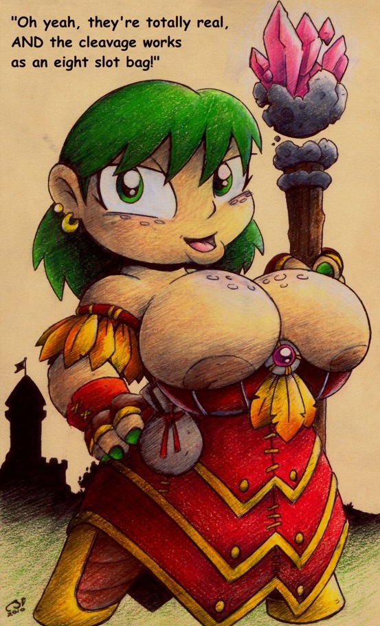 big_breasts breasts cleavage drake_fenwick dwarf gnome green_eyes green_hair text world_of_warcraft