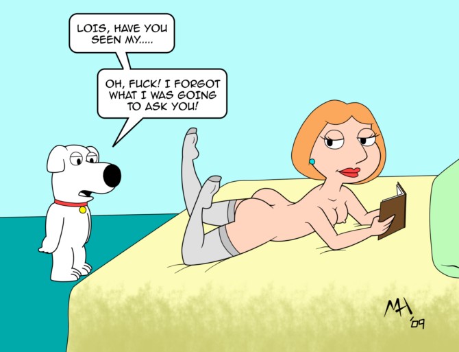 2009 ass bed black_eyes book breasts brian_griffin dog earring family_guy furry gog lipstick lois_griffin looking_back milf nude nipple orange_hair red_lipstick short_hair stockings